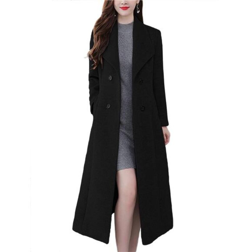 Women's Chic Shawl Collar Work Double Breasted Maxi Long Wool Pea